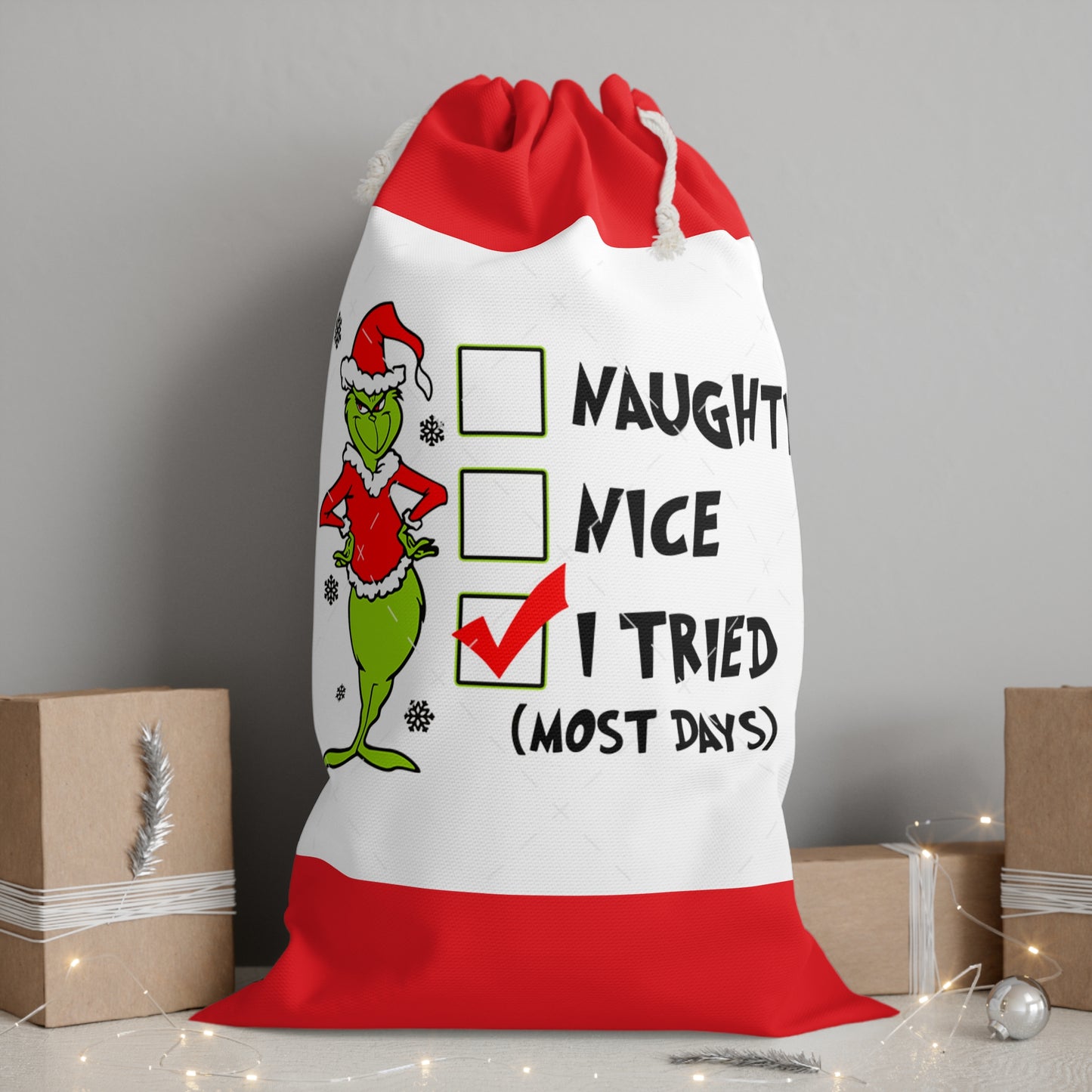 Grinch Gift Sack, Christmas Gift Bag, Holiday Sack, Funny Christmas Storage, Naughty Nice Sack, Festive Grinch Decor