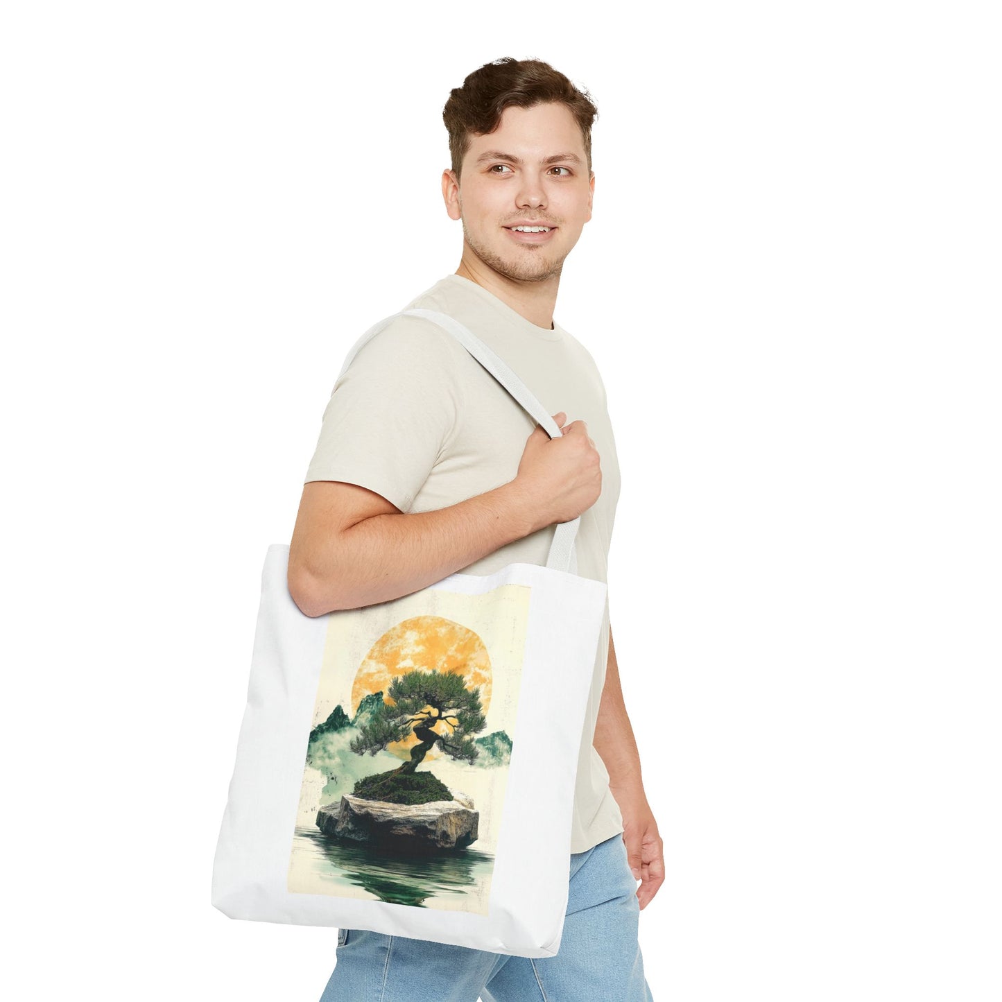 Zen Bonsai Nature Tote Bag - AOP Design with Sunrise and Red Circle