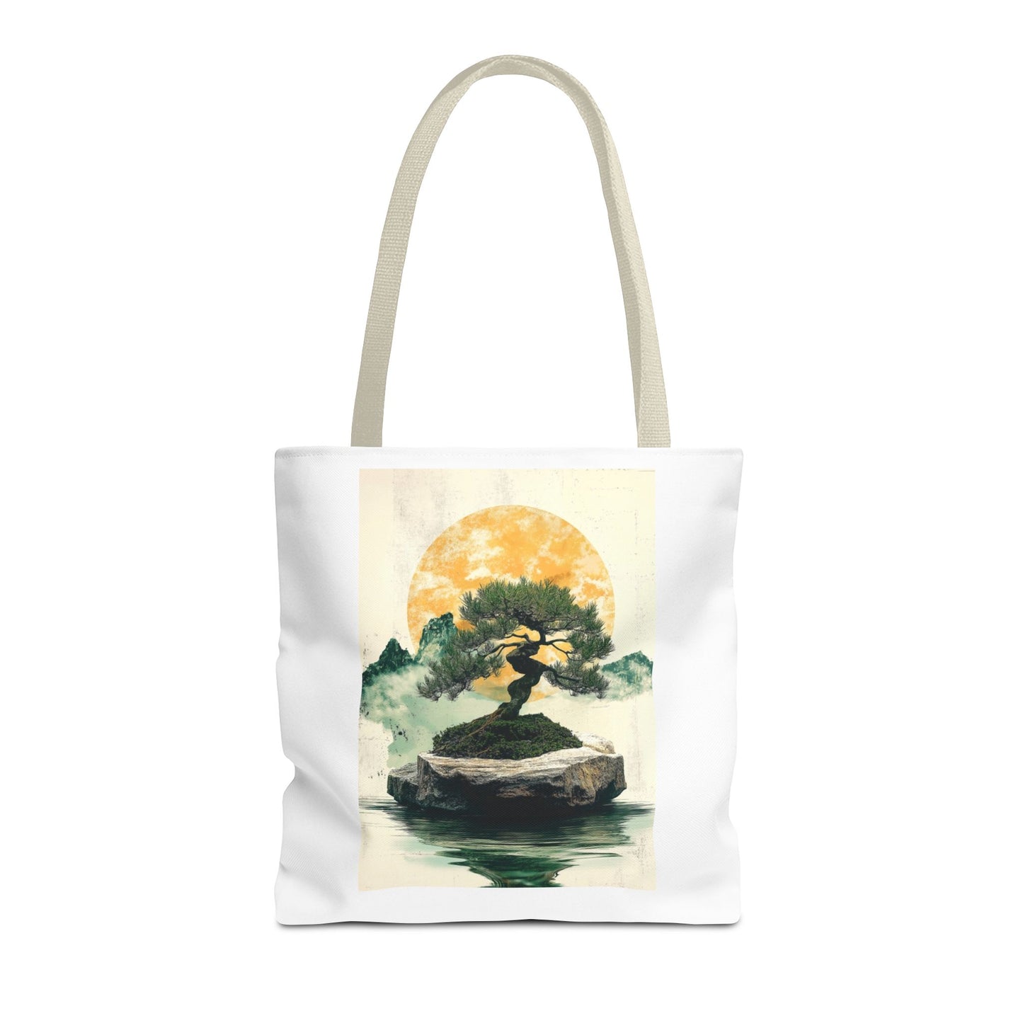 Zen Bonsai Nature Tote Bag - AOP Design with Sunrise and Red Circle
