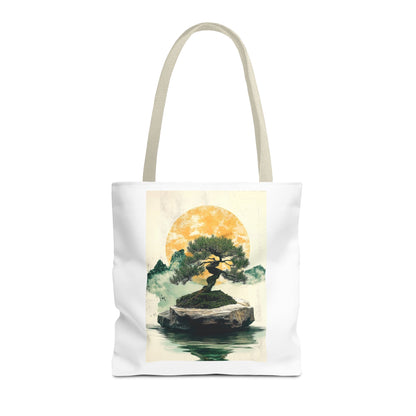 Zen Bonsai Nature Tote Bag - AOP Design with Sunrise and Red Circle
