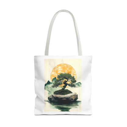 Zen Bonsai Nature Tote Bag - AOP Design with Sunrise and Red Circle