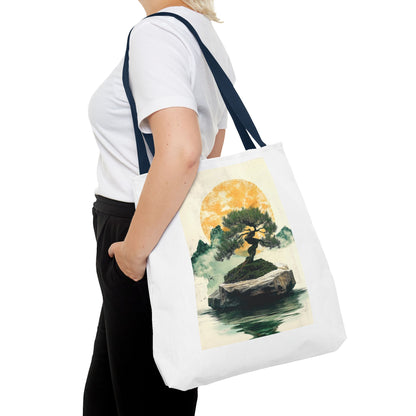 Zen Bonsai Nature Tote Bag - AOP Design with Sunrise and Red Circle