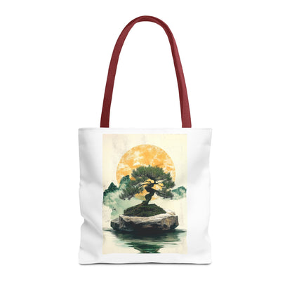 Zen Bonsai Nature Tote Bag - AOP Design with Sunrise and Red Circle