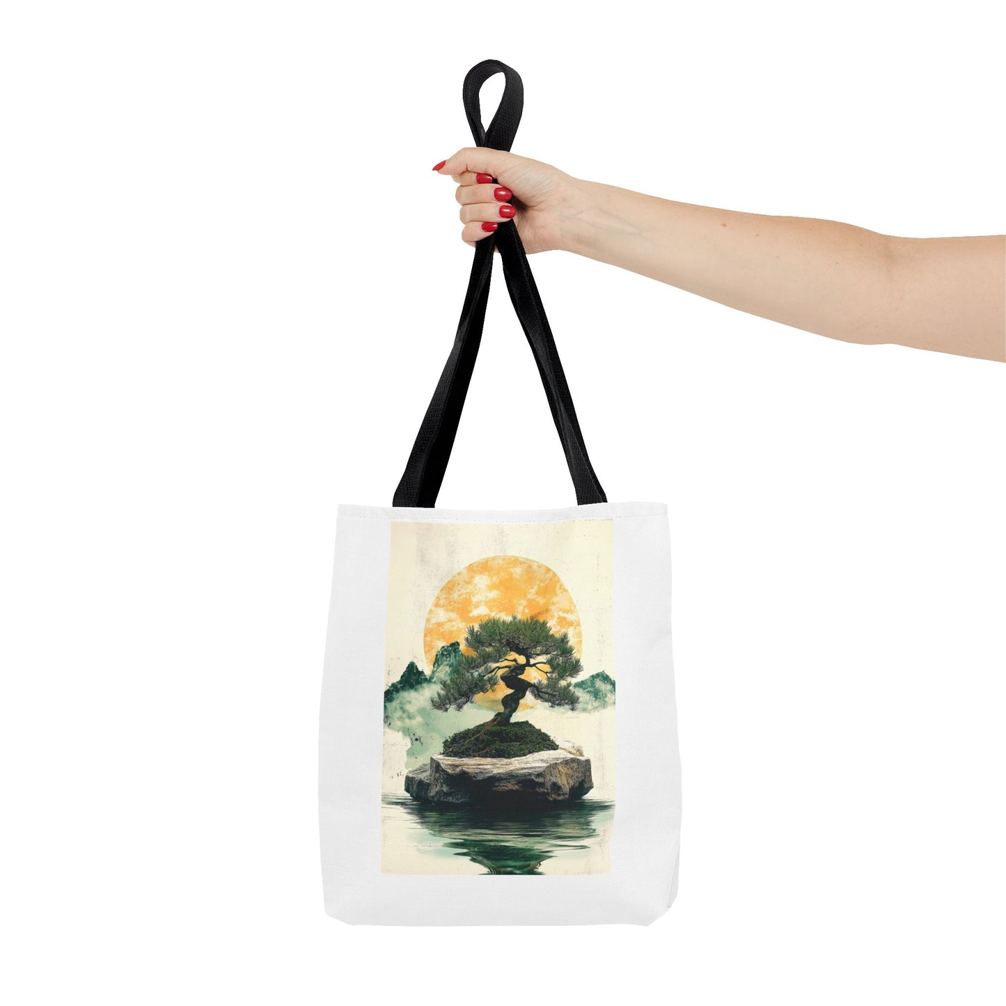 Zen Bonsai Nature Tote Bag - AOP Design with Sunrise and Red Circle