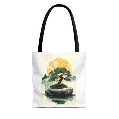 Zen Bonsai Nature Tote Bag - AOP Design with Sunrise and Red Circle