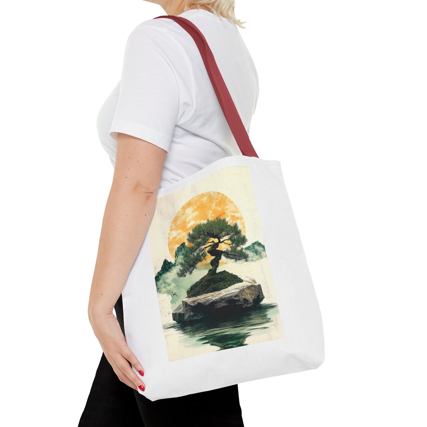 Zen Bonsai Nature Tote Bag - AOP Design with Sunrise and Red Circle