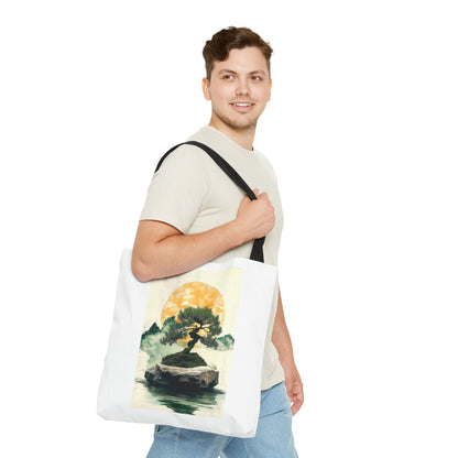Zen Bonsai Nature Tote Bag - AOP Design with Sunrise and Red Circle