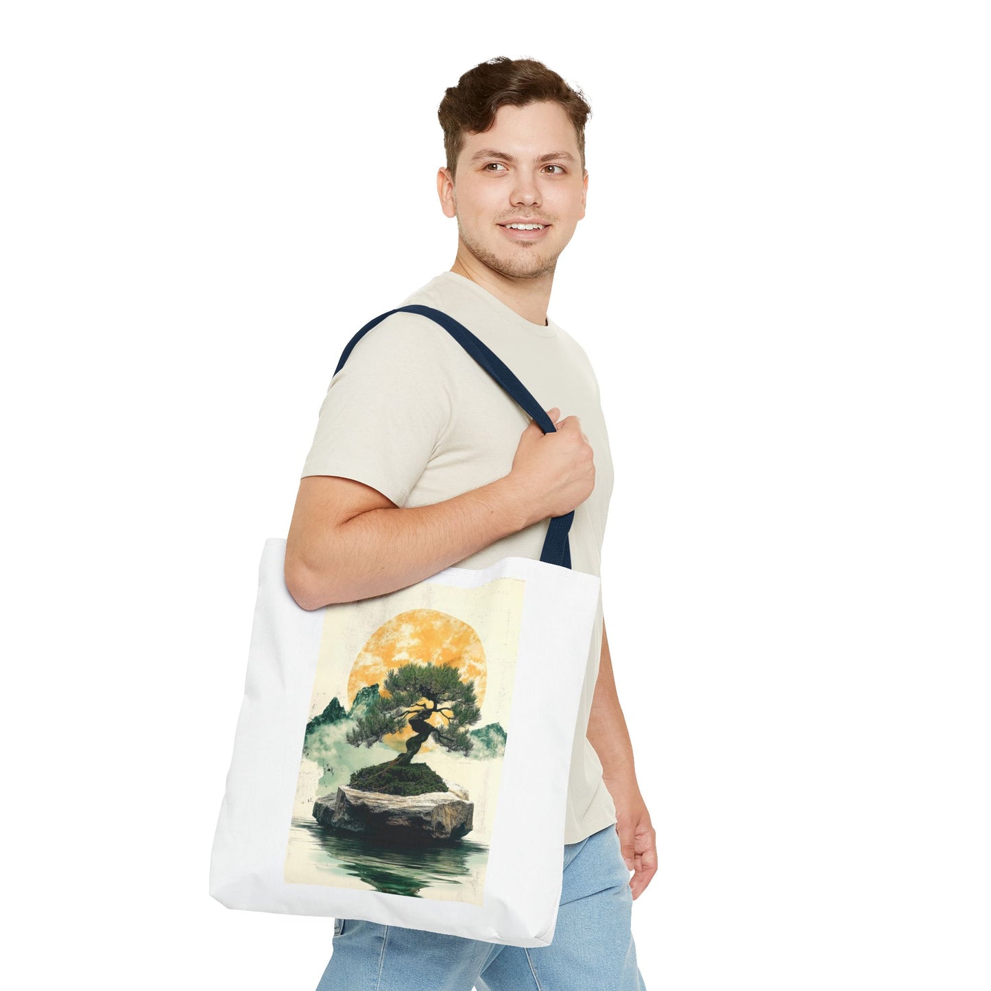 Zen Bonsai Nature Tote Bag - AOP Design with Sunrise and Red Circle