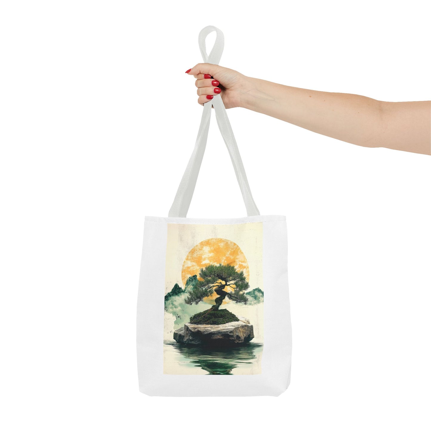 Zen Bonsai Nature Tote Bag - AOP Design with Sunrise and Red Circle