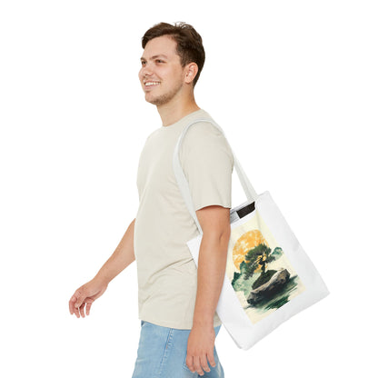 Zen Bonsai Nature Tote Bag - AOP Design with Sunrise and Red Circle