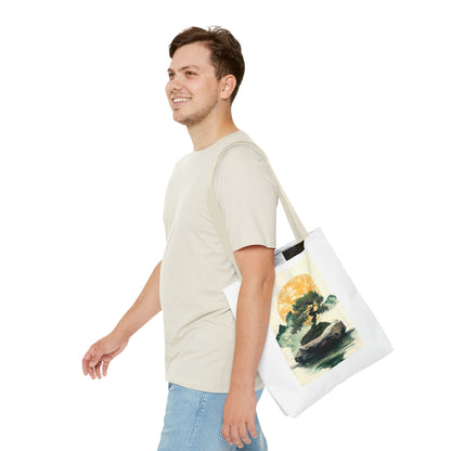 Zen Bonsai Nature Tote Bag - AOP Design with Sunrise and Red Circle