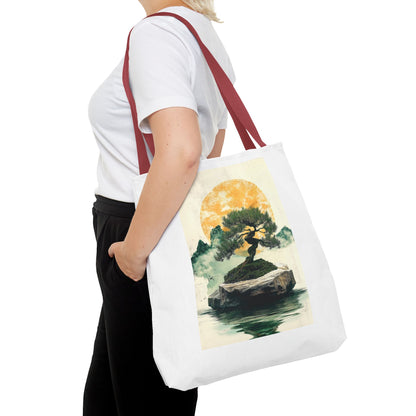 Zen Bonsai Nature Tote Bag - AOP Design with Sunrise and Red Circle