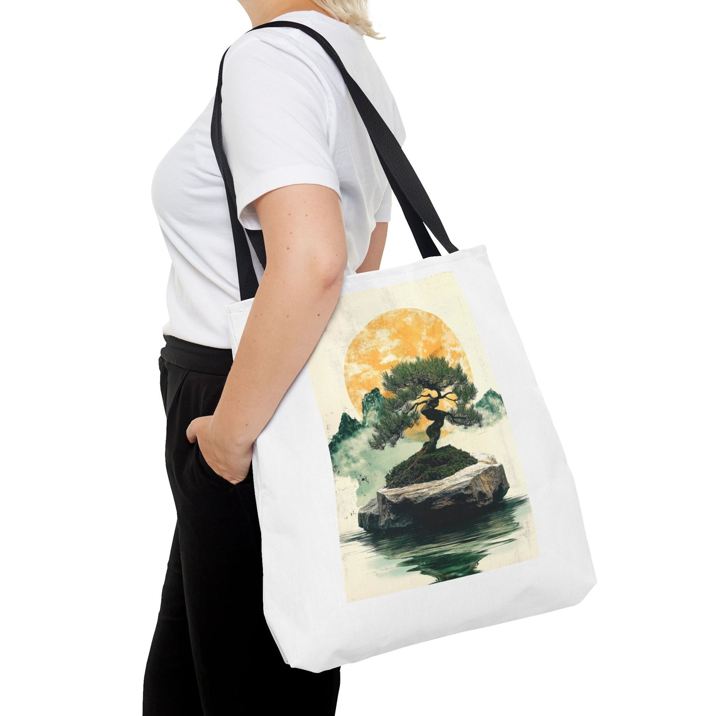 Zen Bonsai Nature Tote Bag - AOP Design with Sunrise and Red Circle