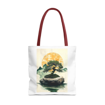 Zen Bonsai Nature Tote Bag - AOP Design with Sunrise and Red Circle