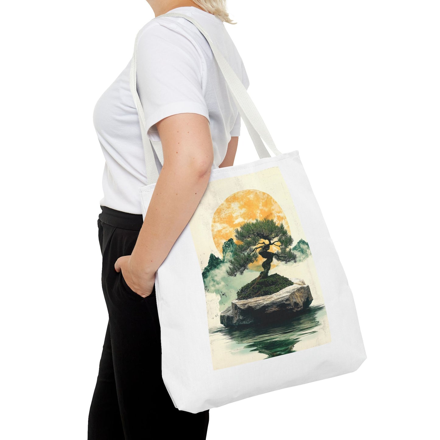 Zen Bonsai Nature Tote Bag - AOP Design with Sunrise and Red Circle
