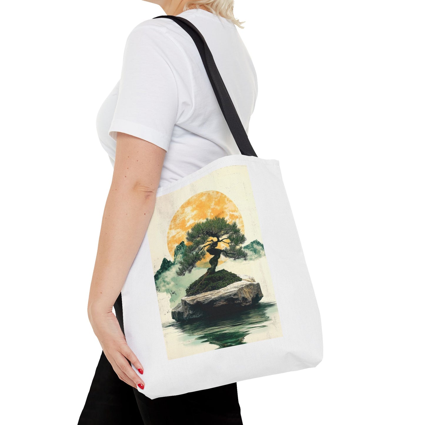 Zen Bonsai Nature Tote Bag - AOP Design with Sunrise and Red Circle