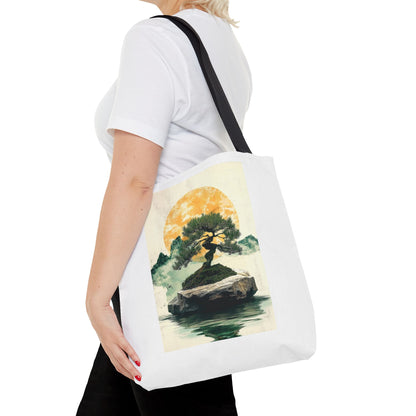 Zen Bonsai Nature Tote Bag - AOP Design with Sunrise and Red Circle