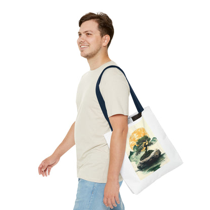 Zen Bonsai Nature Tote Bag - AOP Design with Sunrise and Red Circle