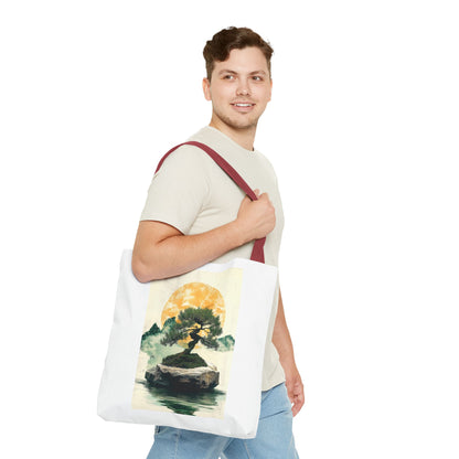 Zen Bonsai Nature Tote Bag - AOP Design with Sunrise and Red Circle