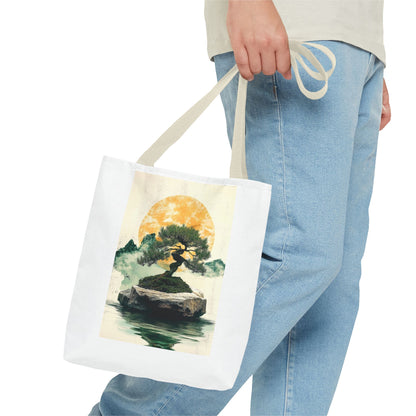 Zen Bonsai Nature Tote Bag - AOP Design with Sunrise and Red Circle
