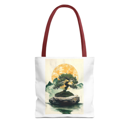 Zen Bonsai Nature Tote Bag - AOP Design with Sunrise and Red Circle