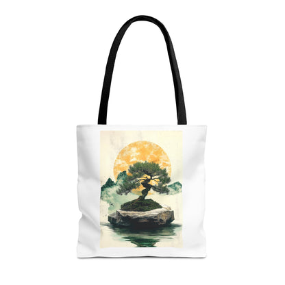 Zen Bonsai Nature Tote Bag - AOP Design with Sunrise and Red Circle