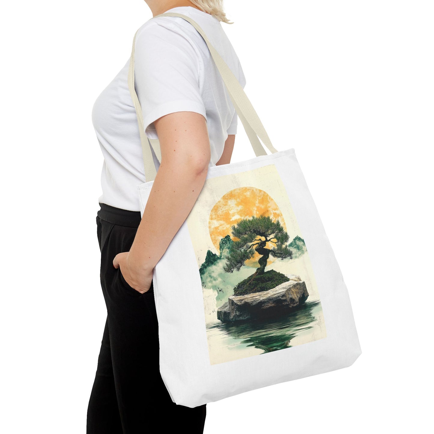 Zen Bonsai Nature Tote Bag - AOP Design with Sunrise and Red Circle