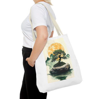 Zen Bonsai Nature Tote Bag - AOP Design with Sunrise and Red Circle