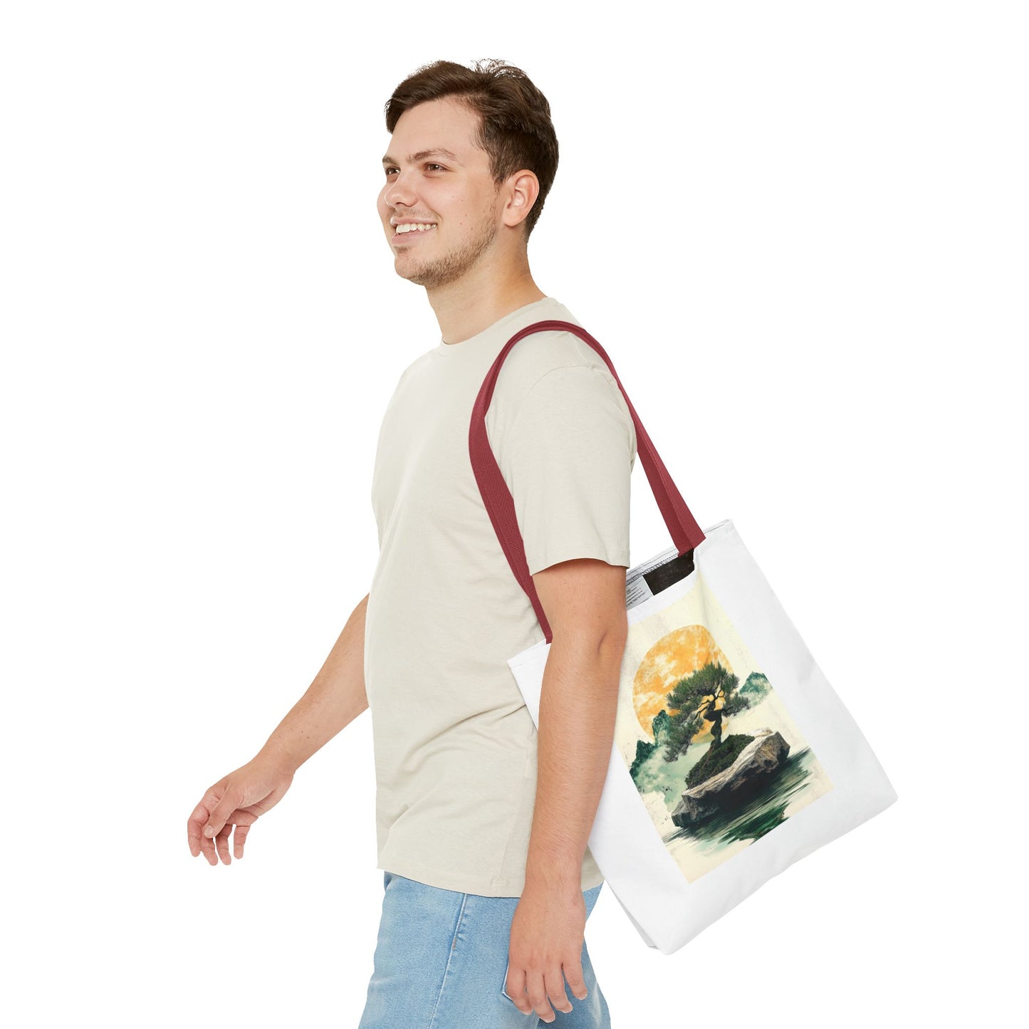 Zen Bonsai Nature Tote Bag - AOP Design with Sunrise and Red Circle