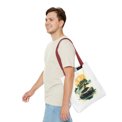Zen Bonsai Nature Tote Bag - AOP Design with Sunrise and Red Circle