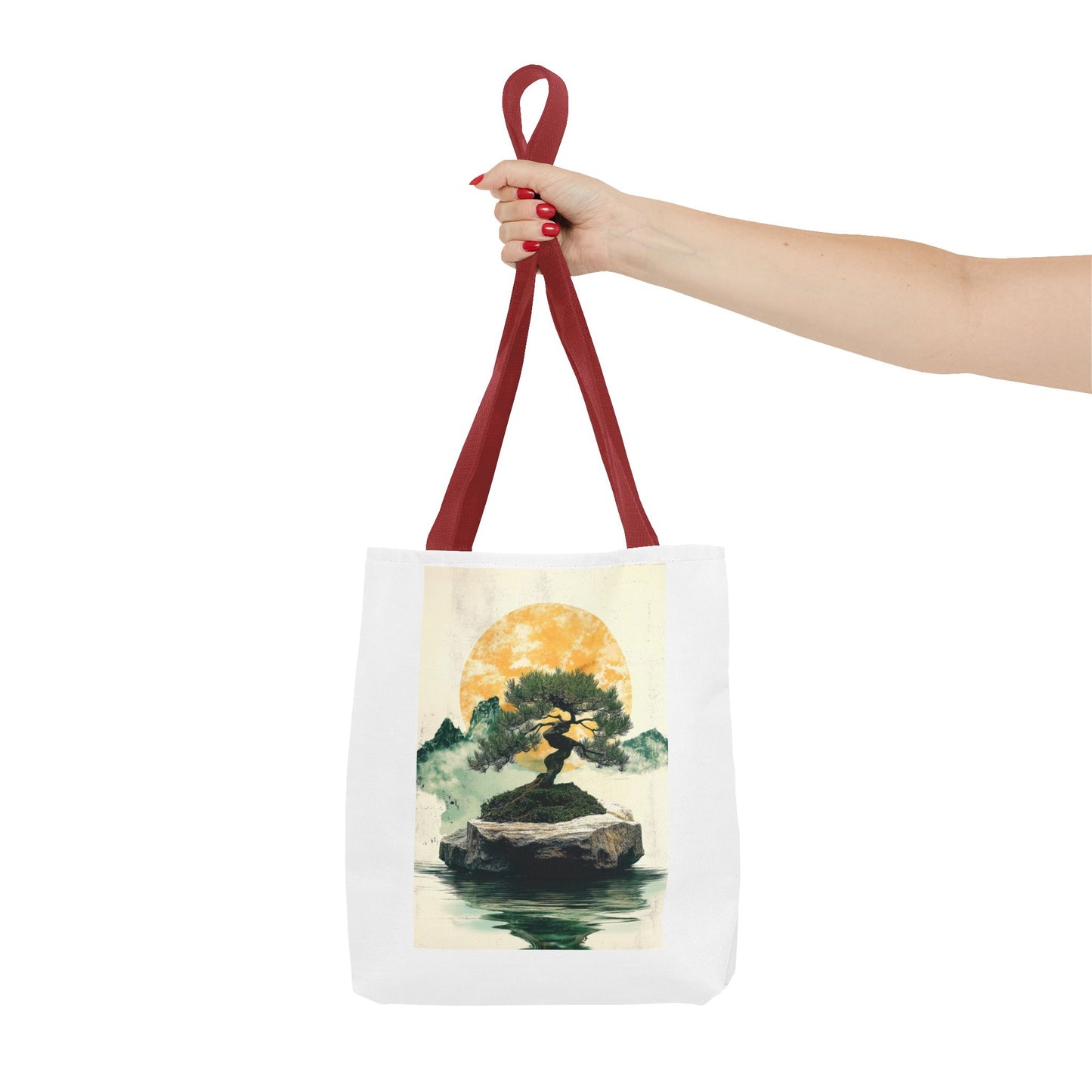 Zen Bonsai Nature Tote Bag - AOP Design with Sunrise and Red Circle