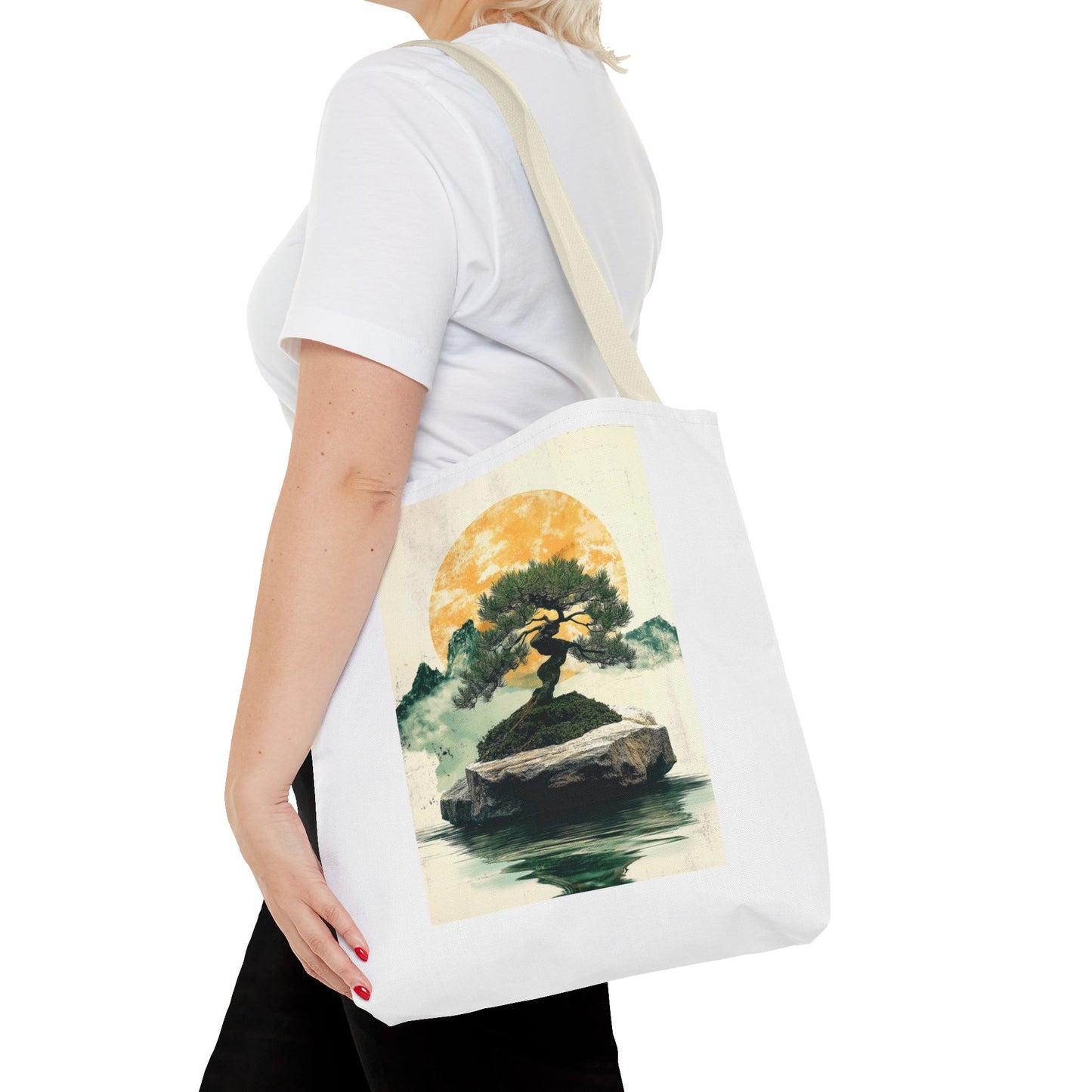 Zen Bonsai Nature Tote Bag - AOP Design with Sunrise and Red Circle