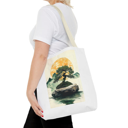 Zen Bonsai Nature Tote Bag - AOP Design with Sunrise and Red Circle