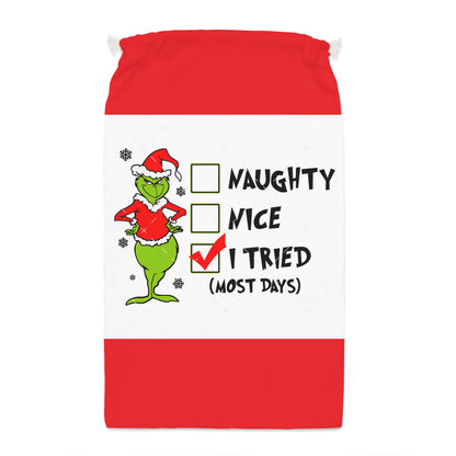Grinch Gift Sack, Christmas Gift Bag, Holiday Sack, Funny Christmas Storage, Naughty Nice Sack, Festive Grinch Decor