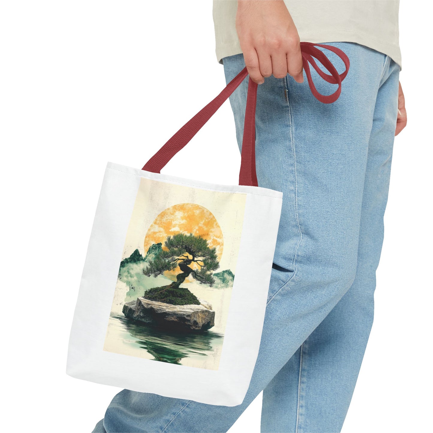 Zen Bonsai Nature Tote Bag - AOP Design with Sunrise and Red Circle