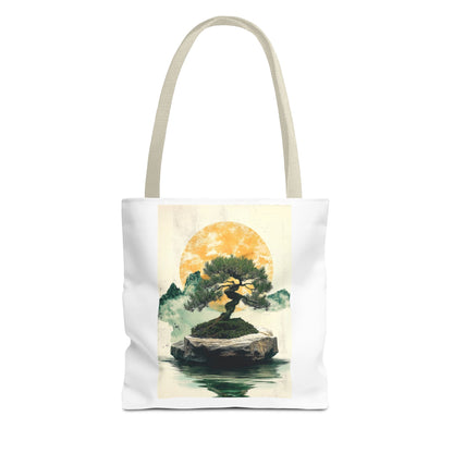 Zen Bonsai Nature Tote Bag - AOP Design with Sunrise and Red Circle