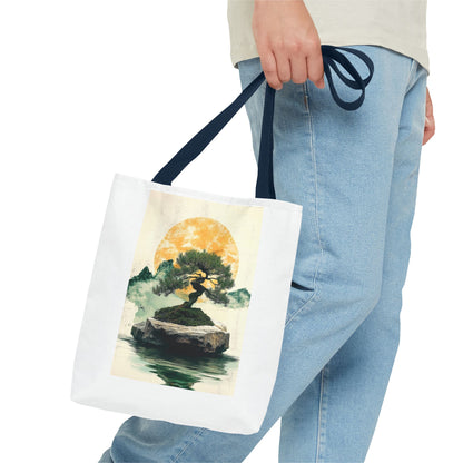 Zen Bonsai Nature Tote Bag - AOP Design with Sunrise and Red Circle